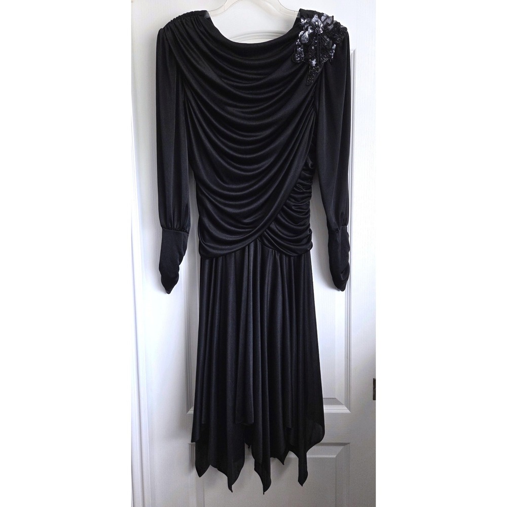 VTG 80s Abby Kent Black Ruch Draped Sequin Cocktail Dress Handkerchief Hem Sz 12